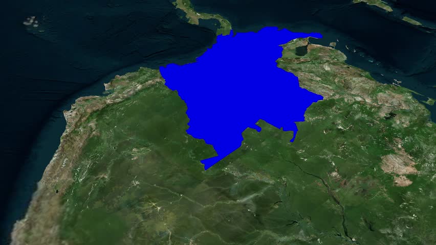 Colombia highlighted satellite map showing South American country location borders terrain rainforest Andes mountains and Caribbean Pacific regions geographic visualization