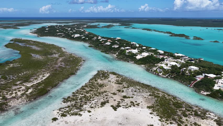Chalk Sound At Providenciales In Overseas Territory Turks And Caicos Islands. Beach Landscape. Shades Of Blue Watercolor. Travel Destination. Chalk Sound In Providenciales. Nature Seascape.