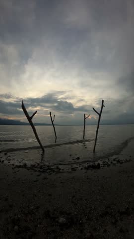Wooden Stakes in Muddy Shoreline Under Cloudy Sky