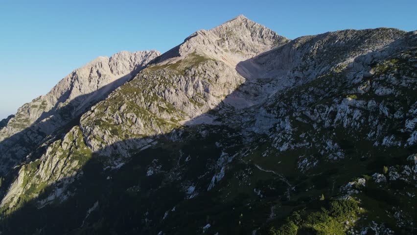 Stunning aerial view of a rugged mountain range under a clear blue sky.