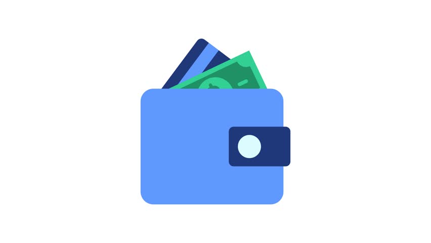 Blue wallet with cash and a credit card bouncing up and down isolated on a white background