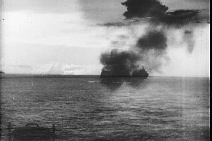 1940s - Airplanes take off from an aircraft carrier during World War Two.