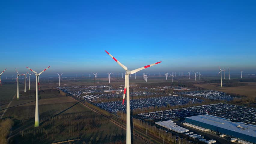speed ramp hyper motion time lapse of Wind turbines spinning, producing clean renewable energy in a large wind farm, industrial facilities and parking lot below. Great aerial view fly push forward dr