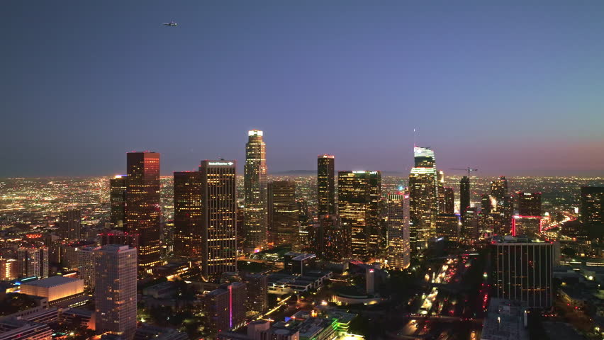 Los Angeles city skyline at night. LA night cityscape video. Downtown Los Angeles lights. Los Angeles night timelapse. Los Angeles urban nightscape.