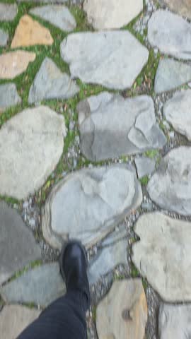 Top view of a woman stepping forward on a cobblestone path with grass between stones. Scene shows careful walking on uneven pavement, foot placement, and steady movement along an outdoor route.