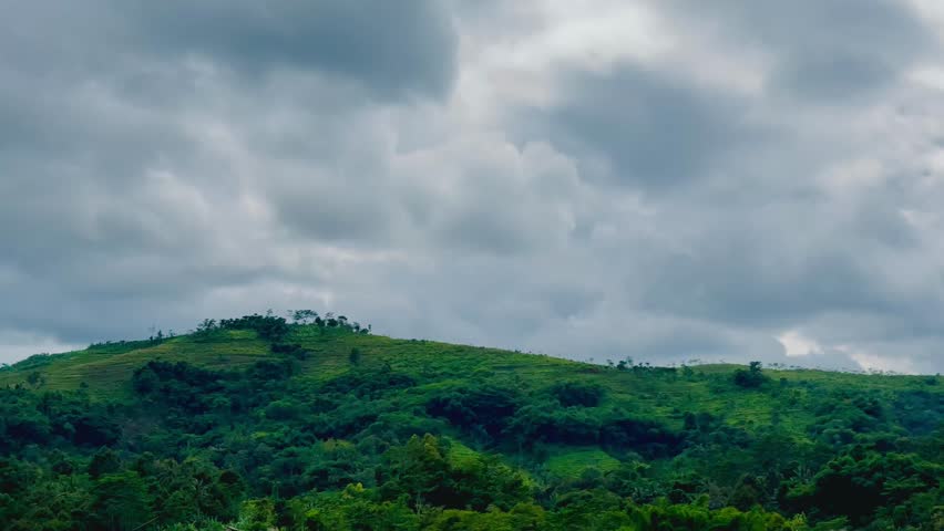 A beautiful view of the greenery hill of forest and clouds during the road trip.