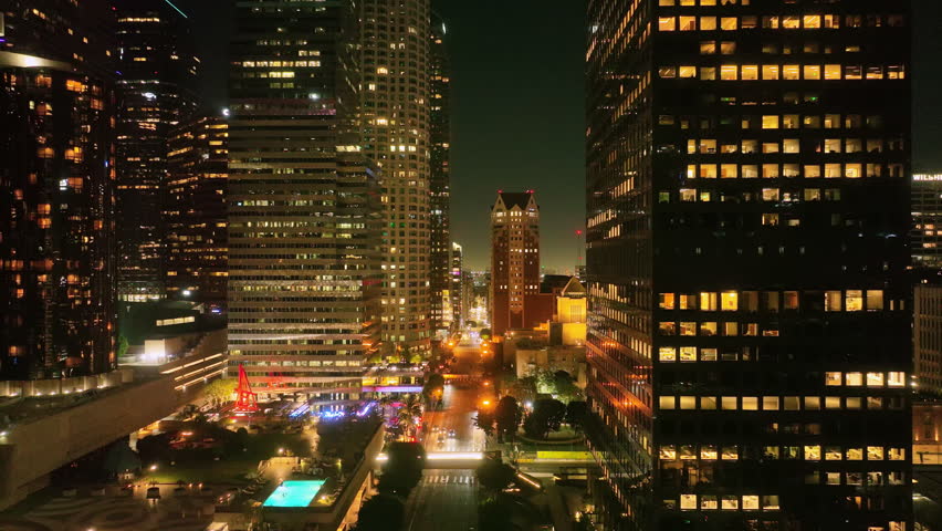 LA downtown night motion. Los Angeles night timelapse. Los Angeles skyline in motion. Downtown Los Angeles lights. Los Angeles night drone shot.