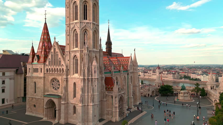 Matthias Church and Fisherman Bastion. Budapest aerial view. Budapest capital of Hungary. Budapest top cityscape panorama. Budapest skyline. Church above historic square. Church city landmark.