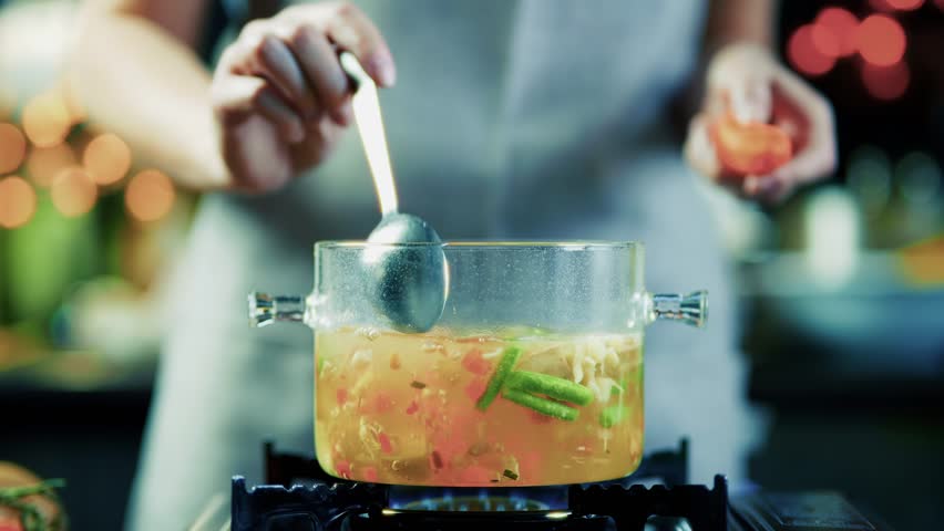 Healthy Meal Soup. European Dinner Meal. Hot Boiling Vegetarian Soup. Homemade Cook Dinner. Tasty Recipe Boiled On Pan. Vegan Soup Lunch. Proper Food Hot Dish. Dieting Vegan Restaurant Dish Stewpan