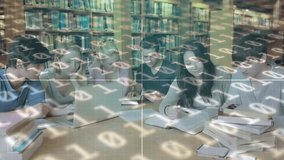 Animation of binary code over multiracial students studying with books and laptop in library. Digital composite, multiple exposure, education, coding, togetherness, university and technology. - Powered by Shutterstock - Get 15% off with code: PIKWIZARD15