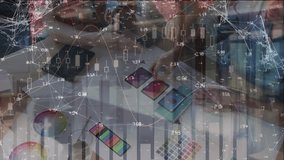 Animation of data processing over mid section of graphic designers discussing over color swatches. Creative business technology concept - Powered by Shutterstock - Get 15% off with code: PIKWIZARD15