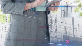 Animation of data processing over mid section of businesswoman using digital tablet at office. Computer interface and business technology concept - Powered by Shutterstock - Get 15% off with code: PIKWIZARD15