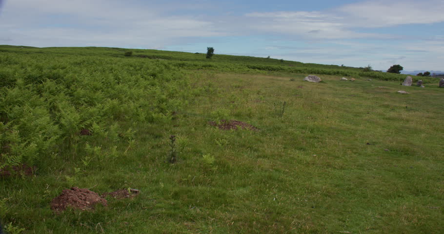 Extra wide panning shot looking north of Birkrigg stone circle with Morecambe Bay in background near Ulverston