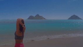 Animation of data processing over asian woman walking on beach. Global vacation, summer, business, data processing, digital interface and computing concept digitally generated image. - Powered by Shutterstock - Get 15% off with code: PIKWIZARD15