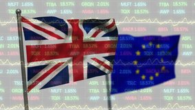 Animation of financial data processing with world map over flag of eu and uk on white background. Global finances, business and digital interface concept digitally generated video. - Powered by Shutterstock - Get 15% off with code: PIKWIZARD15