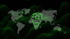 Starting with dark background, green shield emerging on map, data lines converging securing network. Cybersecurity, data protection, digital network, global infrastructure, technology, futuristic, - Powered by Shutterstock - Get 15% off with code: PIKWIZARD15