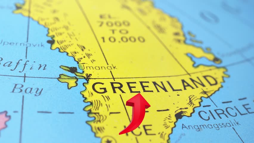 Map of Greenland with red arrow icon moving towards the arctic region.