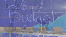 Animation of financial data processing over boxes on conveyor belt, budget text and grid. global shipping, business, finance and data processing concept digitally generated video. - Powered by Shutterstock - Get 15% off with code: PIKWIZARD15