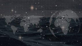 Animation of stars falling over world map, globe and data processing in grey digital space. Data processing, global network, digital interface and technology concept digitally generated video. - Powered by Shutterstock - Get 15% off with code: PIKWIZARD15