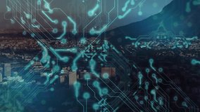 Animation of integrated circuit over cityscape. Global network, connections, communication and technology concept digitally generated video. - Powered by Shutterstock - Get 15% off with code: PIKWIZARD15