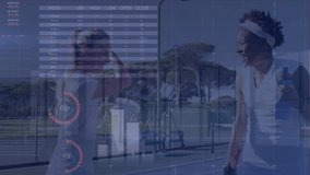 Animation of data processing and globe of connections over diverse tennis players. Global sport and digital interface concept digitally generated video. - Powered by Shutterstock - Get 15% off with code: PIKWIZARD15