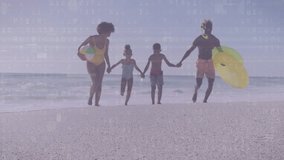 Animation of globe over happy african american family at beach. Nature, harmony and digital interface concept digitally generated video. - Powered by Shutterstock - Get 15% off with code: PIKWIZARD15