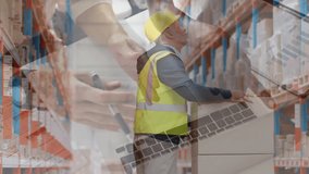 Animation of caucasian warehouse worker over person using laptop. Global business, finances, data processing and digital interface concept digitally generated video. - Powered by Shutterstock - Get 15% off with code: PIKWIZARD15