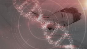 Animation of dna helix, circles and programming language over young caucasian woman lying on bed. Digital composite, multiple exposure, relaxation, research, science, coding, genetic, technology. - Powered by Shutterstock - Get 15% off with code: PIKWIZARD15
