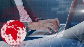 Animation of spinning globe and arrow icons over mid section of businesswoman using laptop. Global networking and business technology concept - Powered by Shutterstock - Get 15% off with code: PIKWIZARD15