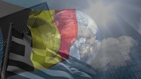 Animation of multiple changing numbers over waving belgium flag against globe and tall buildings. Global networking and business technology concept - Powered by Shutterstock - Get 15% off with code: PIKWIZARD15