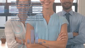 Animation of statistical data processing over portrait of diverse businesspeople smiling at office. Business data technology concept - Powered by Shutterstock - Get 15% off with code: PIKWIZARD15