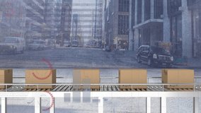 Animation of financial data processing over boxes on conveyor belts and cityscape. global shipping, delivery and connections concept digitally generated video. - Powered by Shutterstock - Get 15% off with code: PIKWIZARD15