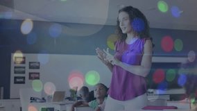 Animation of network of connections over lights and caucasian female teacher at school. School, education, connections and learning with technology concept digitally generated video. - Powered by Shutterstock - Get 15% off with code: PIKWIZARD15