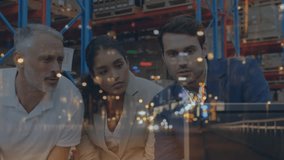 Animation of connections and data processing over man and woman working in warehouse. Global data processing digital interface technology and networking concept digitally generated vide. - Powered by Shutterstock - Get 15% off with code: PIKWIZARD15