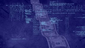 Animation of neon ticking clock and data processing over us dollar bills against blue background. Computer interface and business technology concept - Powered by Shutterstock - Get 15% off with code: PIKWIZARD15