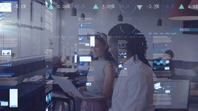 Animation of graphs, data and tech icons over diverse businesspeople in office. Business, data processing, digital interface and technology concept digitally generated video. - Powered by Shutterstock - Get 15% off with code: PIKWIZARD15