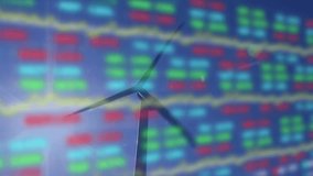 Animation of statistics and data processing over wind turbine. Global environment, sustainability, wind energy, business and data processing concept digitally generated video. - Powered by Shutterstock - Get 15% off with code: PIKWIZARD15