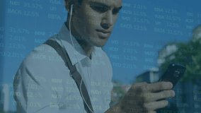 Animation of financial data processing over businessman using smartphone. Global business, finance, connections and data processing concept digitally generated video. - Powered by Shutterstock - Get 15% off with code: PIKWIZARD15