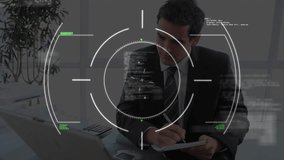 Animation of world map and scope scanning over caucasian businessman. Global finances, business and digital interface concept digitally generated video. - Powered by Shutterstock - Get 15% off with code: PIKWIZARD15