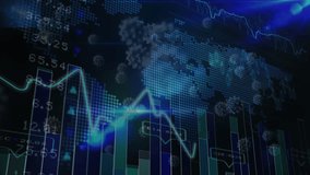 Animation of statistical data processing and covid-19 cells floating against world map. Business data and covid-19 pandemic concept - Powered by Shutterstock - Get 15% off with code: PIKWIZARD15