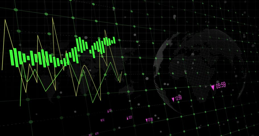 Animation of graphs with changing numbers over map and globe against black background. Digitally generated, hologram, illustration, globalization, report, business, growth and abstract concept.