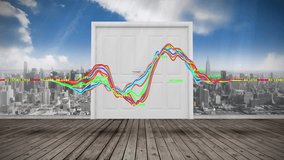 Animation of financial graphs, opening doors and cityscape. Global finance, economy and technology concept digitally generated video. - Powered by Shutterstock - Get 15% off with code: PIKWIZARD15