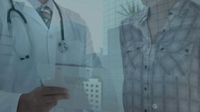 Animation of covid 19 virus data processing over male doctor with patient. Global covid 19 pandemic, healthcare, computing, connections and data processing concept digitally generated video. - Powered by Shutterstock - Get 15% off with code: PIKWIZARD15