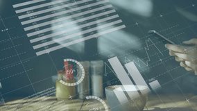 Animation of statistical data processing against mid section of a man using smartphone at a cafe. Computer interface and business data technology concept - Powered by Shutterstock - Get 15% off with code: PIKWIZARD15