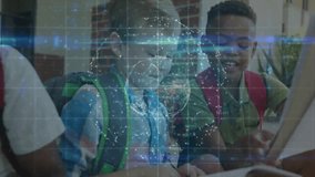 Four student boys pulling book and reading in education with rotating globe guiding discussion. Collaboration, learning, education, teamwork, innovation, youth, childhood - Powered by Shutterstock - Get 15% off with code: PIKWIZARD15