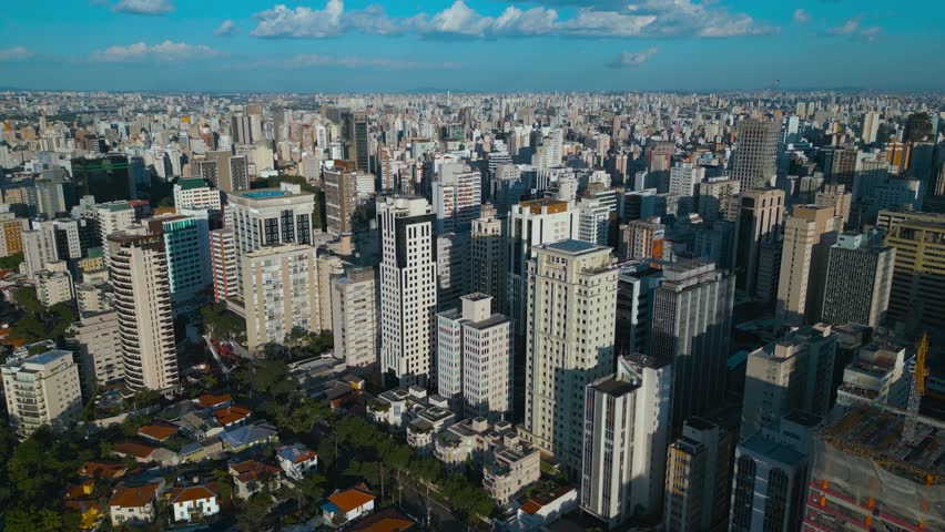 A breathtaking daytime panoramic aerial view of the São Paulo skyline. Dense urban architecture, a sea of high-rise buildings, and the vast horizon under a blue sky.