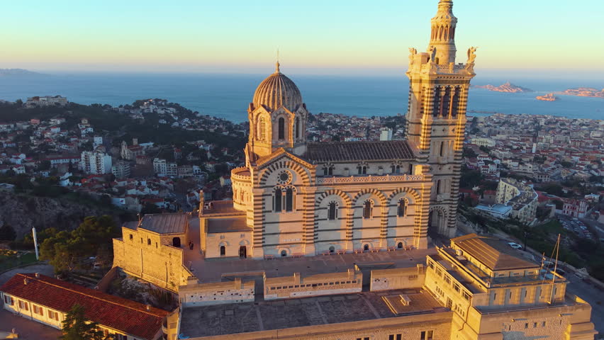 City Sunrise Scene, Morning Glow Over Marseille Port, Sunrise Bathes Lively Marseille Harbor In Light. France