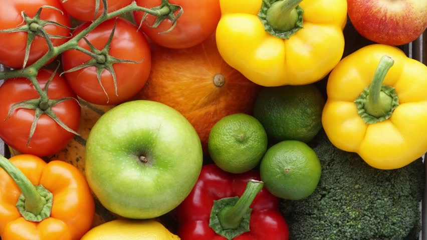 Healthy eating ingredients: fresh vegetables, fruits and superfood. Nutrition, diet, vegan food concept.