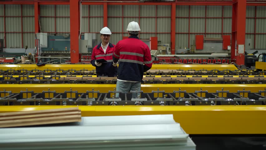 Engineers and staff are inspecting the assembly line system in a metal sheet and metal roofing manufacturing plant.(VDO 4K)