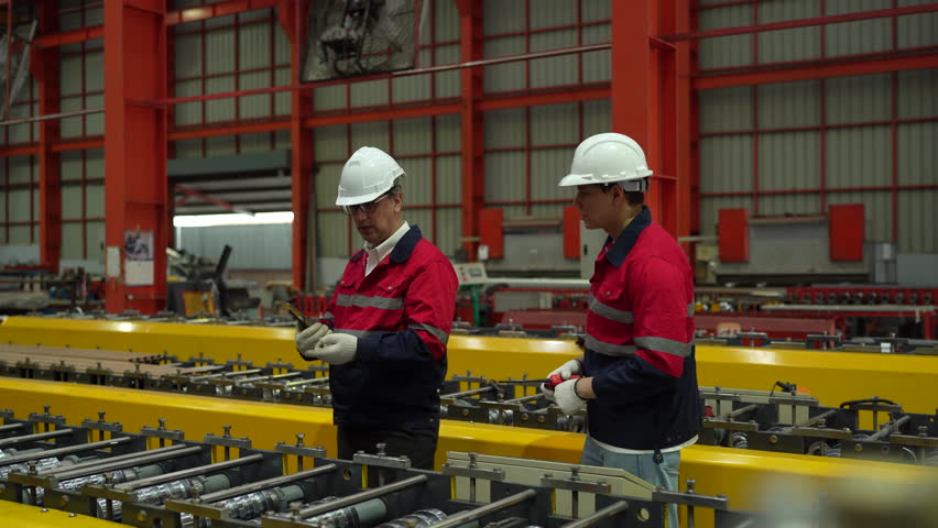 Engineers and staff are inspecting the assembly line system in a metal sheet and metal roofing manufacturing plant.(VDO 4K)
